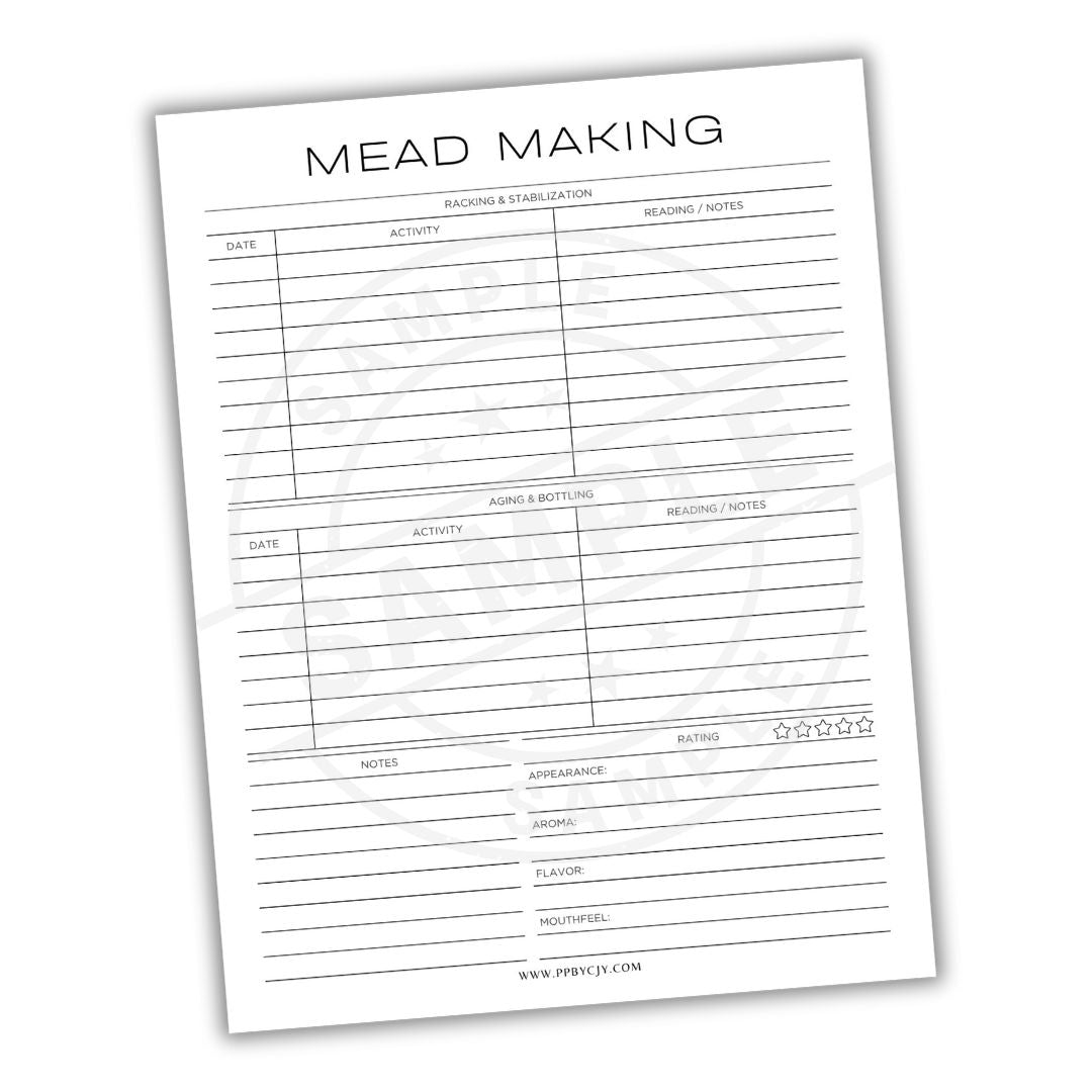Mead making log sheet with columns for recording activities and notes on a white background.
