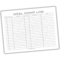 Meal comp log sheet with columns for date, time, meal, ingredient, value, approved by, and notes.