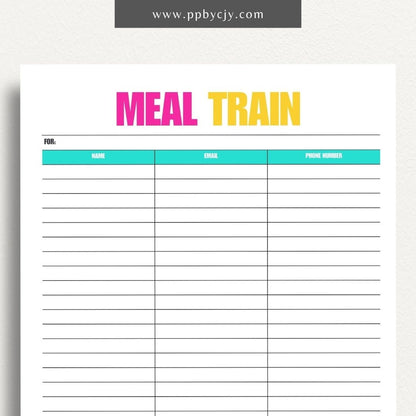 Meal Train Sign-Up Printable Template – Digital download for organizing and coordinating meal deliveries for someone in need.