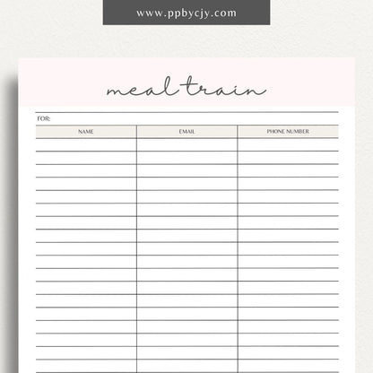 Meal Train Sign-Up Printable Template – Digital download for organizing and coordinating meal deliveries for someone in need.