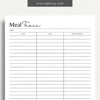 Meal Train Sign-Up Printable Template – Digital download for organizing and coordinating meal deliveries for someone in need.