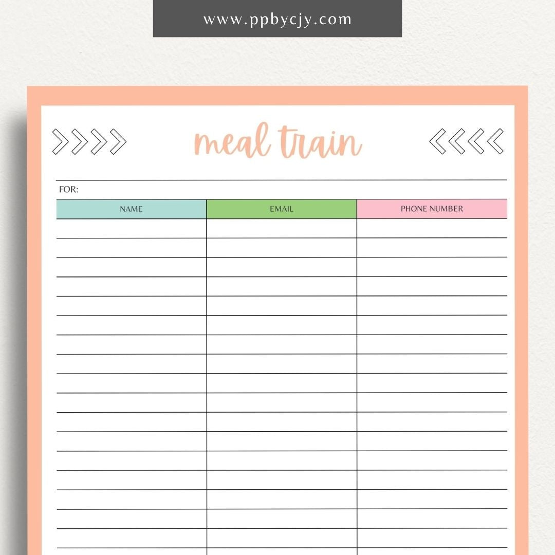 Meal Train Sign-Up Printable Template – Digital download for organizing and coordinating meal deliveries for someone in need.