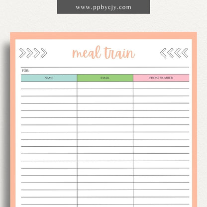 Meal Train Sign-Up Printable Template – Digital download for organizing and coordinating meal deliveries for someone in need.