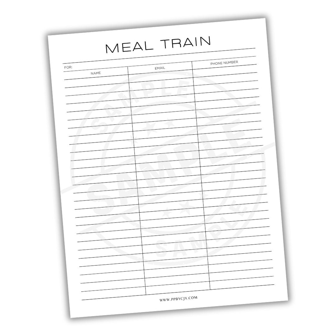 Meal train sign-up sheet with columns for name, email, and phone number on a white background.