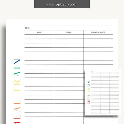 Meal Train Sign-Up Printable Template – Digital download for organizing and coordinating meal deliveries for someone in need.