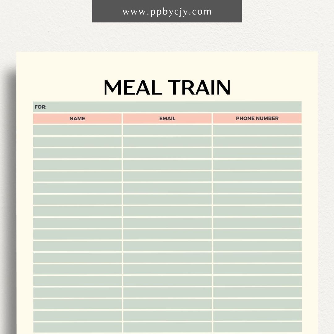 Meal Train Sign-Up Printable Template – Digital download for organizing and coordinating meal deliveries for someone in need.