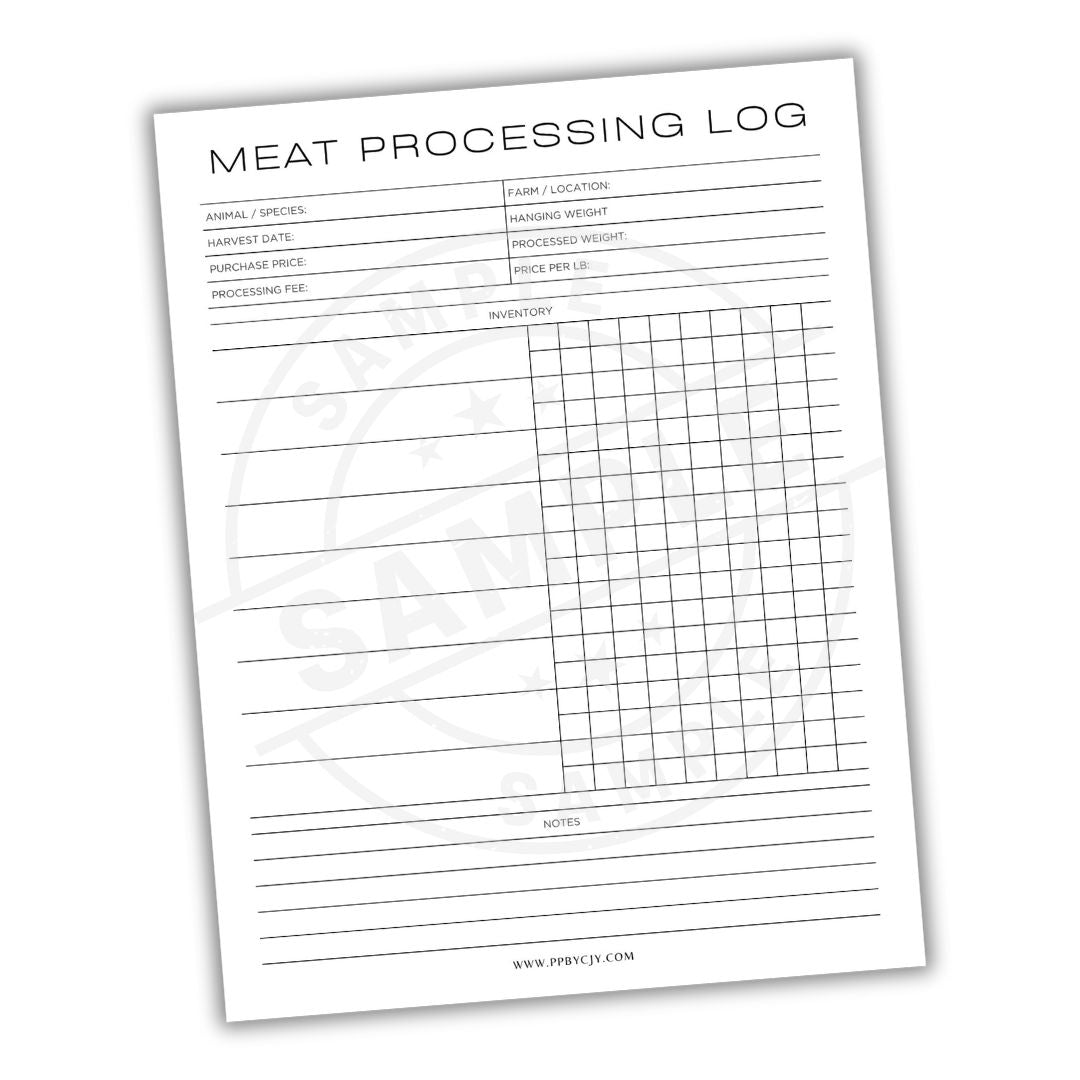 Meat processing log sheet with columns for details on a white background
