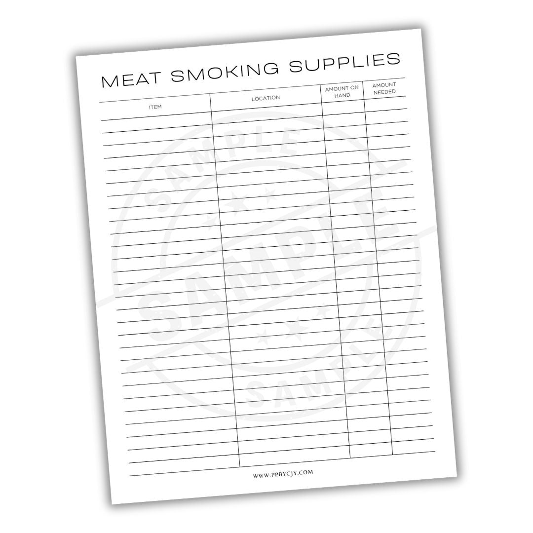 Sheet with 'Meat Smoking Supplies' list on a white background