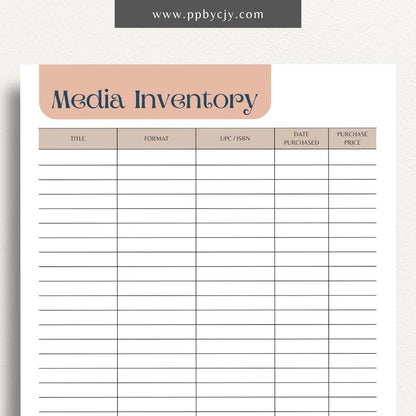 Media Inventory Printable Template – Digital download for organizing and managing your collection of media items, including books, movies, and music.