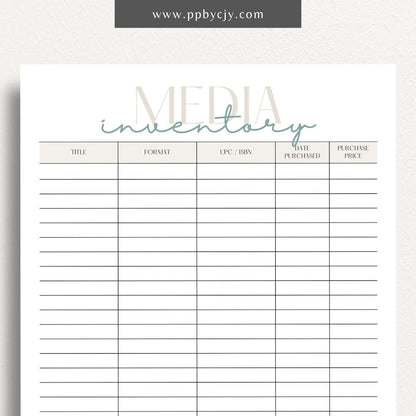 Media Inventory Printable Template – Digital download for organizing and managing your collection of media items, including books, movies, and music.