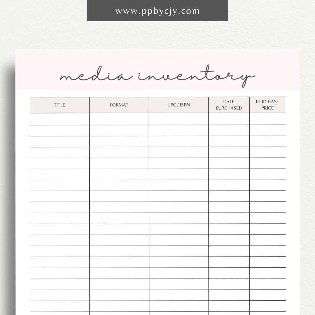 Media Inventory Printable Template – Digital download for organizing and managing your collection of media items, including books, movies, and music.