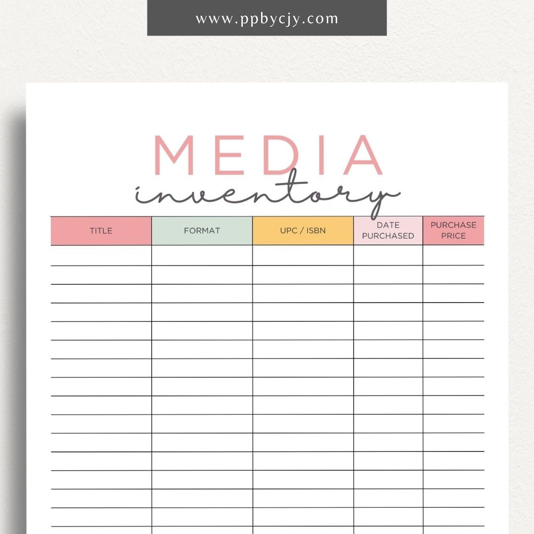 Media Inventory Printable Template – Digital download for organizing and managing your collection of media items, including books, movies, and music.