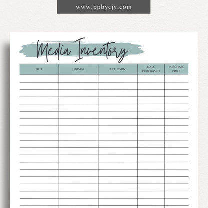 Media Inventory Printable Template – Digital download for organizing and managing your collection of media items, including books, movies, and music.