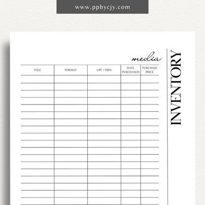 Media Inventory Printable Template – Digital download for organizing and managing your collection of media items, including books, movies, and music.