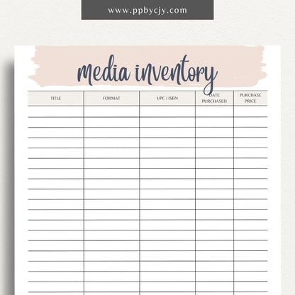 Media Inventory Printable Template – Digital download for organizing and managing your collection of media items, including books, movies, and music.