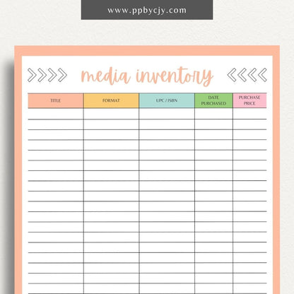 Media Inventory Printable Template – Digital download for organizing and managing your collection of media items, including books, movies, and music.