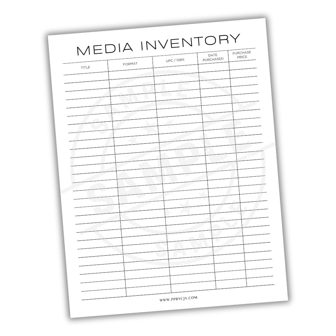 Media inventory sheet with columns for title, format, UPC/ISBN, date purchased, and price.