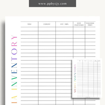 Media Inventory Printable Template – Digital download for organizing and managing your collection of media items, including books, movies, and music.