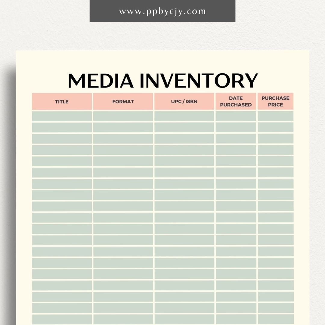 Media Inventory Printable Template – Digital download for organizing and managing your collection of media items, including books, movies, and music.