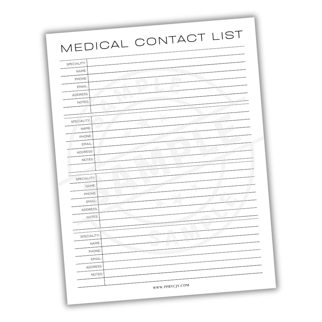 Medical contact list form on a white background