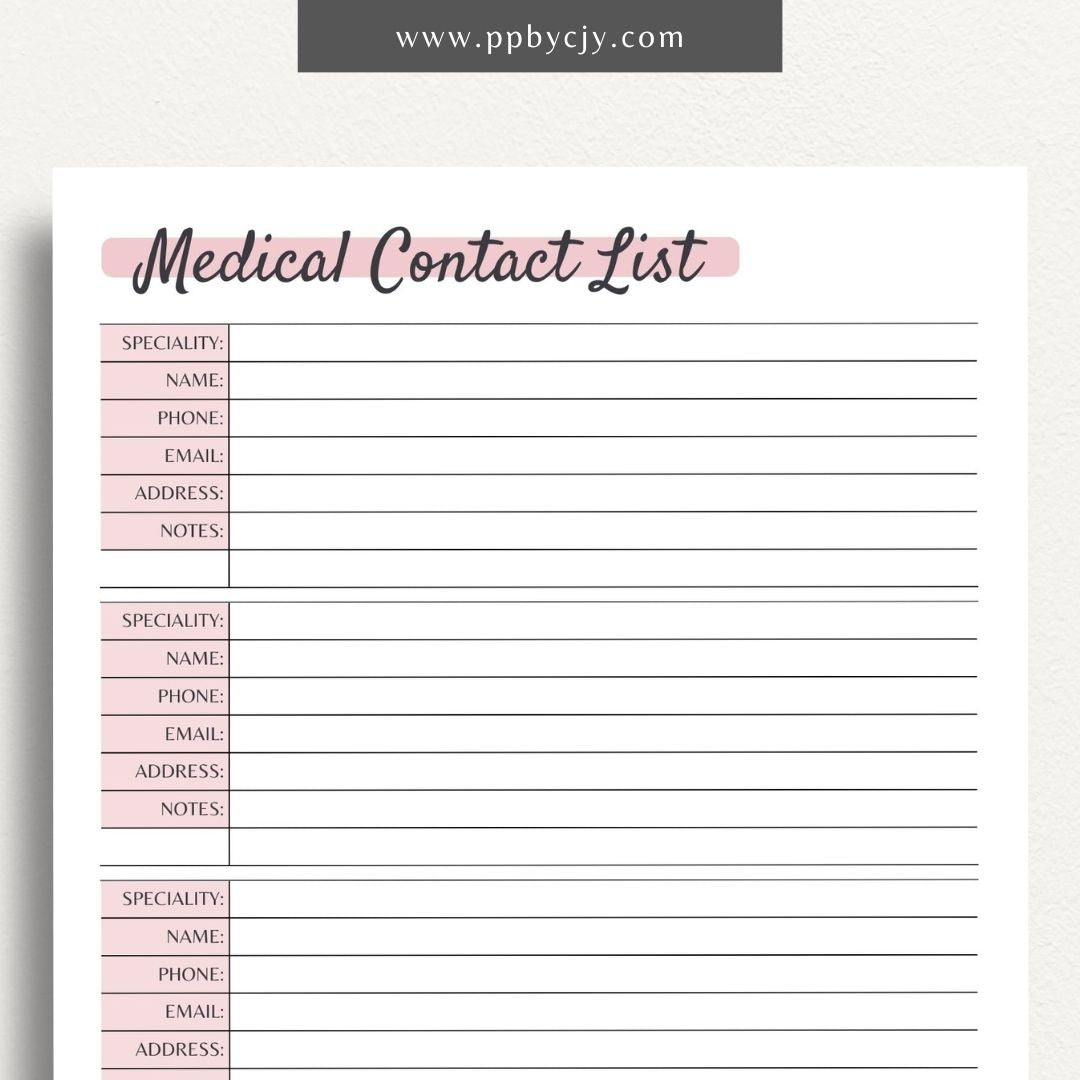 Medical Contact List Printable PDF Template