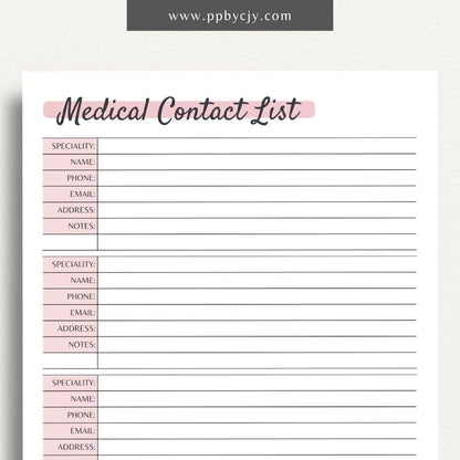 Medical Contact List Printable PDF Template