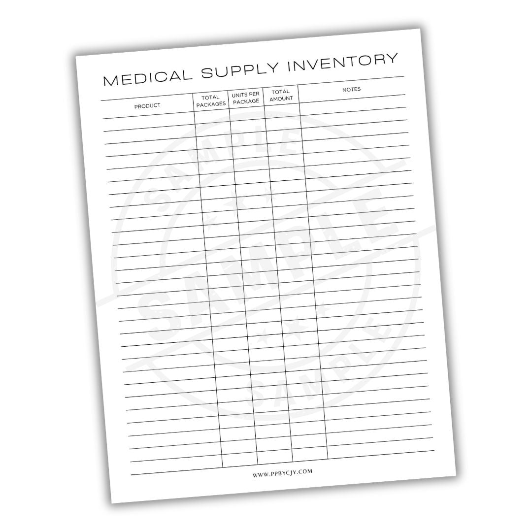 Medical supply inventory sheet on a white background