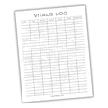 Vitals log sheet with columns for date, time, vitals, notes, and temperature on a white background.