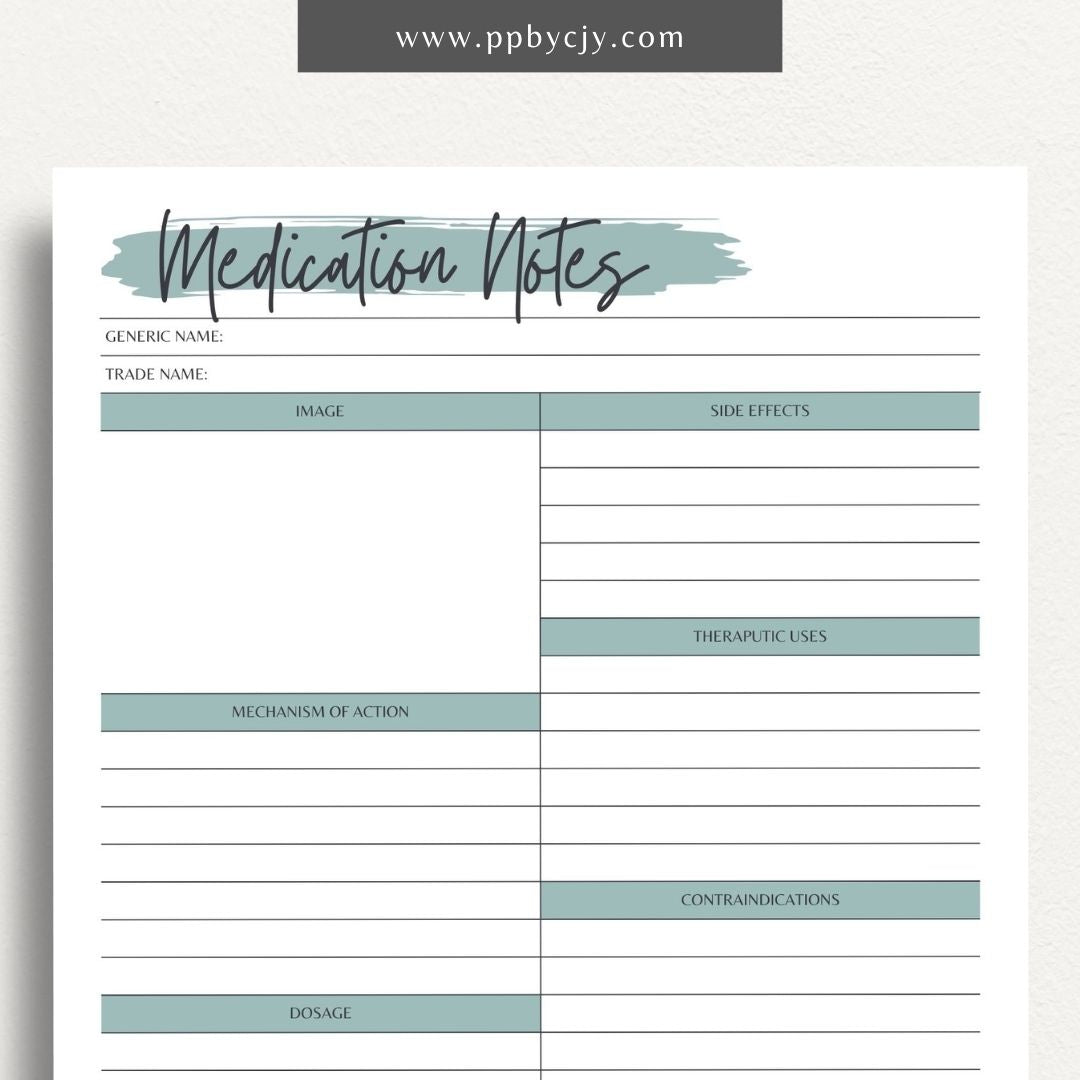 printable template page with columns and rows related to medications nursing school study