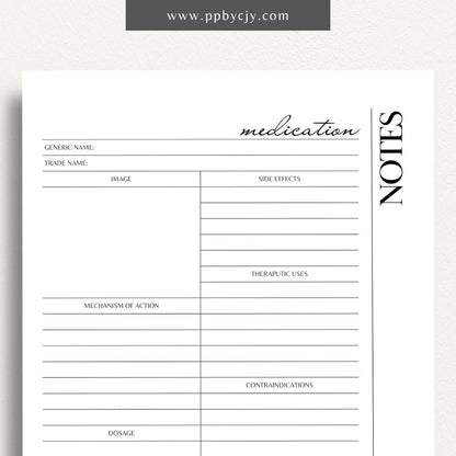 printable template page with columns and rows related to medications nursing school study