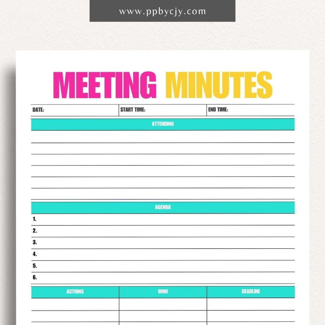 Meeting Minutes Printable Template – Digital download for recording and organizing key points, decisions, and actions from meetings.