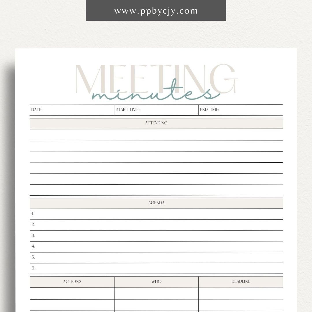 Meeting Minutes Printable Template – Digital download for recording and organizing key points, decisions, and actions from meetings.