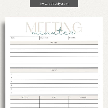 Meeting Minutes Printable Template – Digital download for recording and organizing key points, decisions, and actions from meetings.