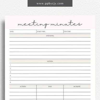 Meeting Minutes Printable Template – Digital download for recording and organizing key points, decisions, and actions from meetings.