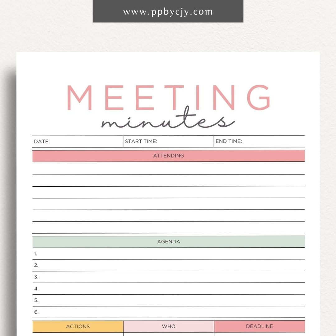 Meeting Minutes Printable Template – Digital download for recording and organizing key points, decisions, and actions from meetings.