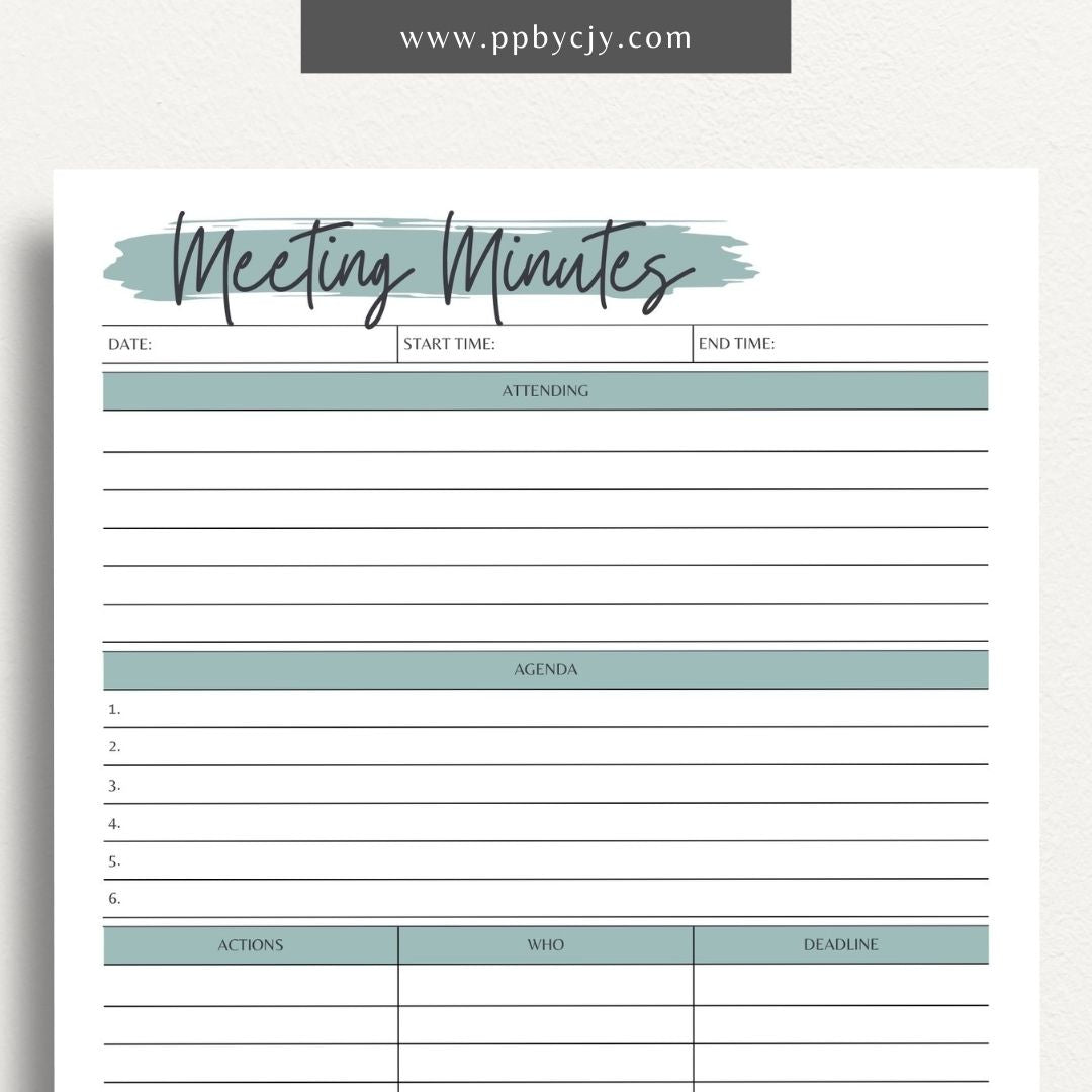 Meeting Minutes Printable Template – Digital download for recording and organizing key points, decisions, and actions from meetings.