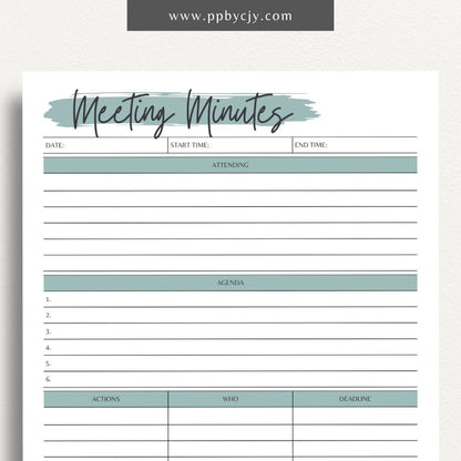 Meeting Minutes Printable Template – Digital download for recording and organizing key points, decisions, and actions from meetings.