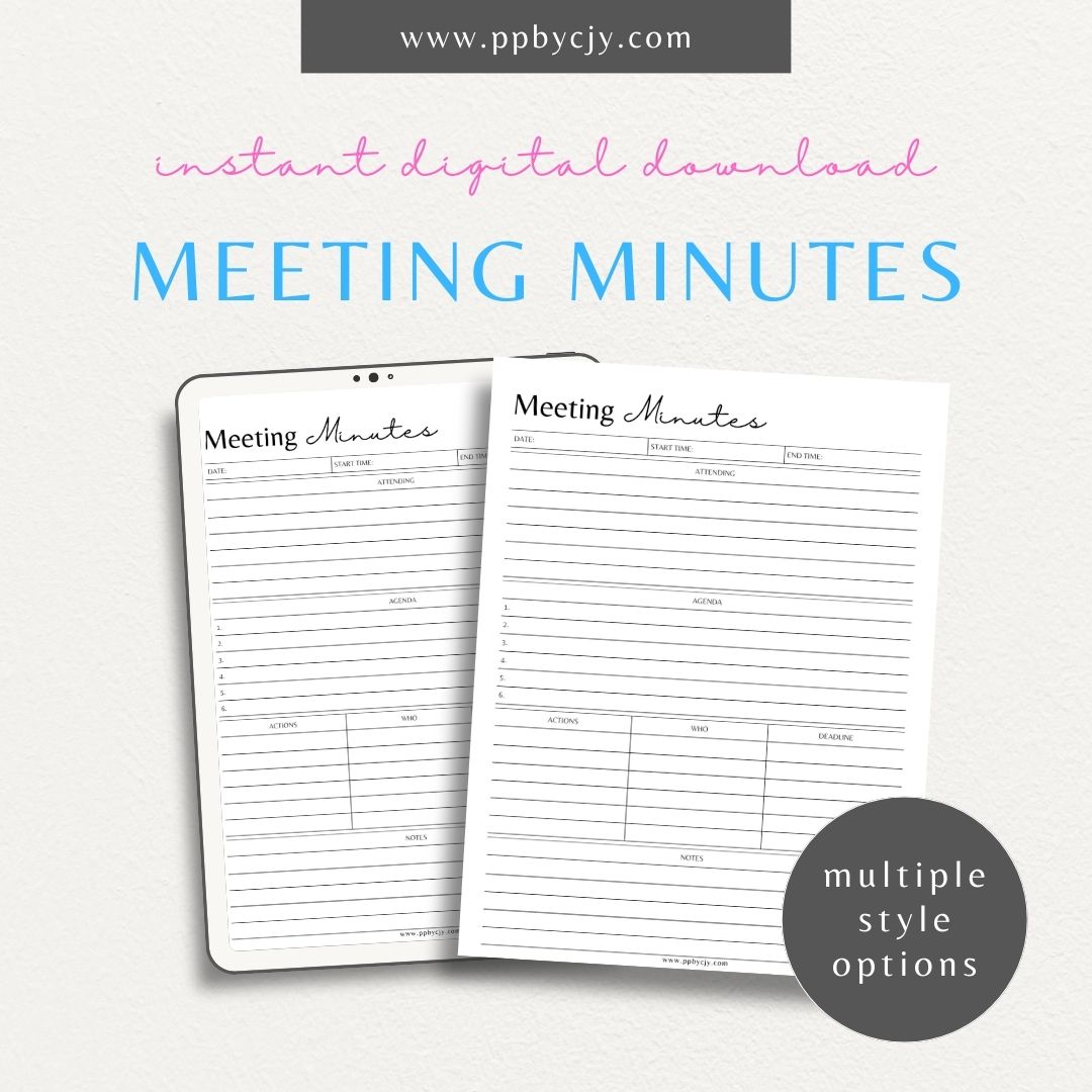 Meeting Minutes Printable Template – Digital download for recording and organizing key points, decisions, and actions from meetings.