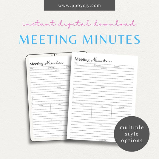 Meeting Minutes Printable Template – Digital download for recording and organizing key points, decisions, and actions from meetings.