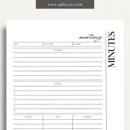 Meeting Minutes Printable Template – Digital download for recording and organizing key points, decisions, and actions from meetings.