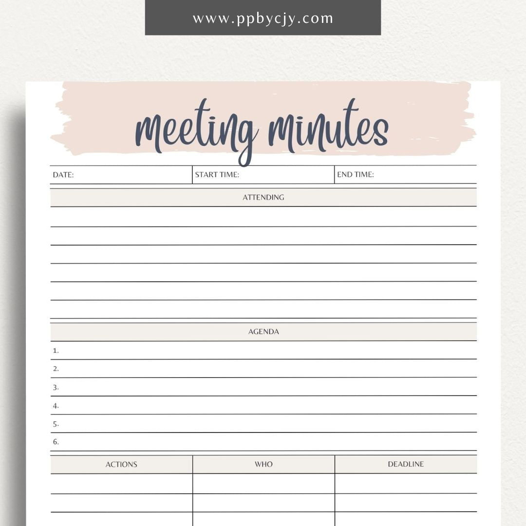 Meeting Minutes Printable Template – Digital download for recording and organizing key points, decisions, and actions from meetings.