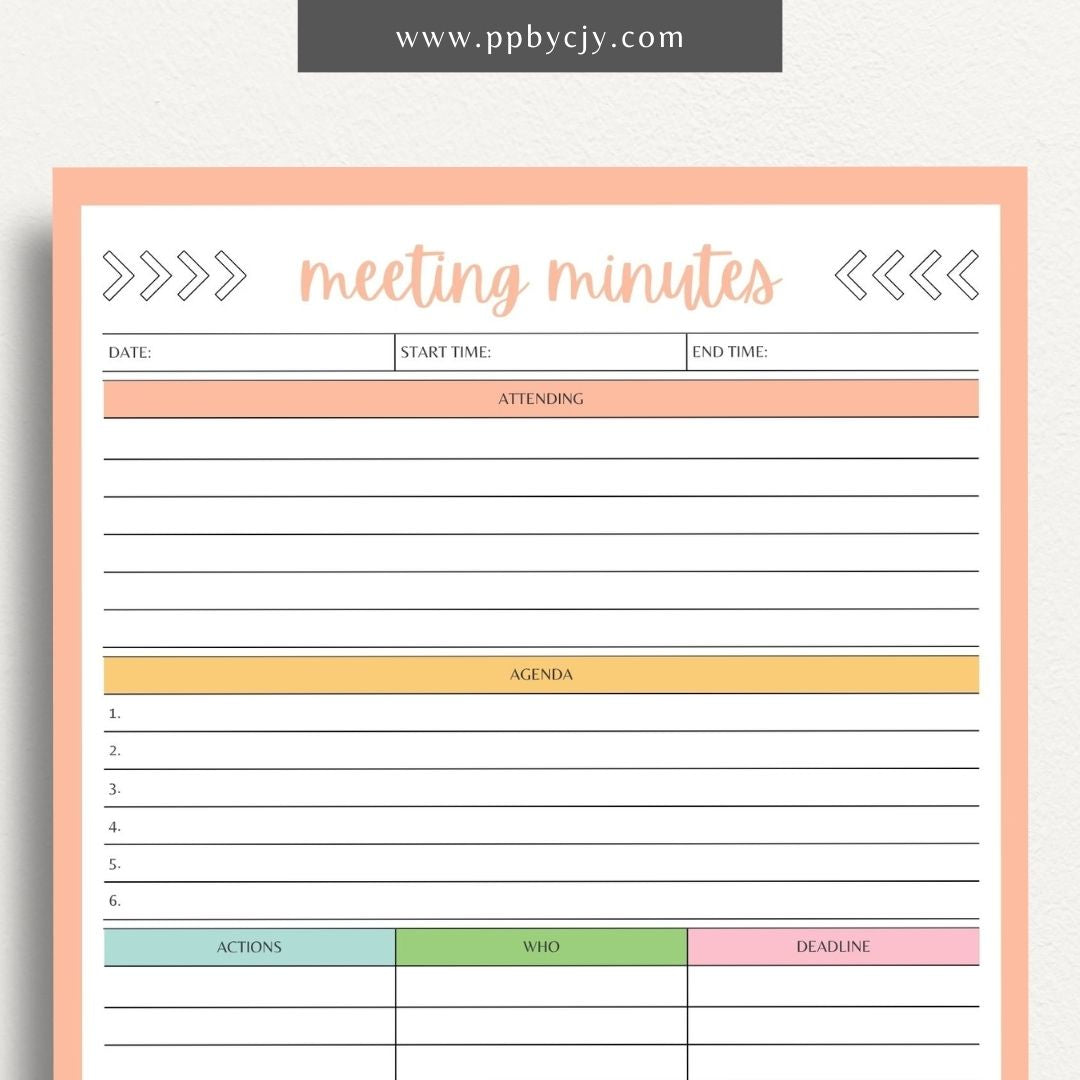 Meeting Minutes Printable Template – Digital download for recording and organizing key points, decisions, and actions from meetings.