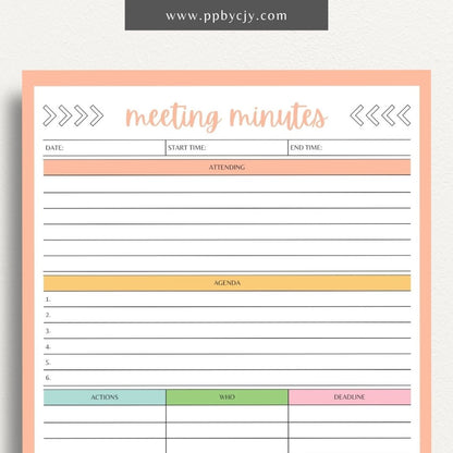 Meeting Minutes Printable Template – Digital download for recording and organizing key points, decisions, and actions from meetings.