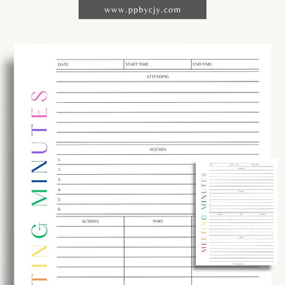 Meeting Minutes Printable Template – Digital download for recording and organizing key points, decisions, and actions from meetings.