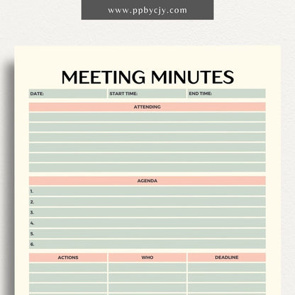 Meeting Minutes Printable Template – Digital download for recording and organizing key points, decisions, and actions from meetings.