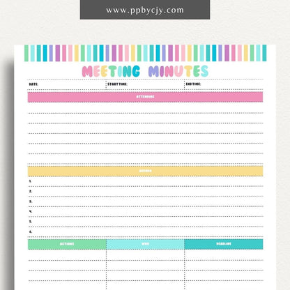 Meeting Minutes Printable Template – Digital download for recording and organizing key points, decisions, and actions from meetings.