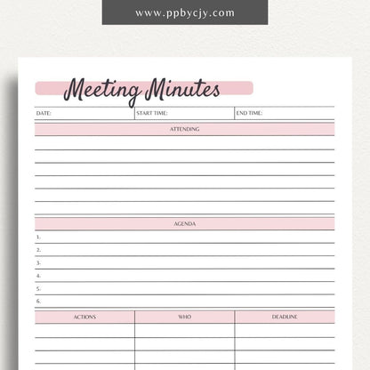 Meeting Minutes Printable Template – Digital download for recording and organizing key points, decisions, and actions from meetings.