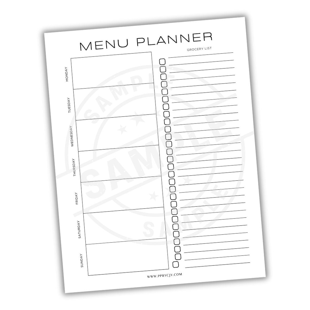 Menu planner with checkboxes for meal planning and grocery list on a white background