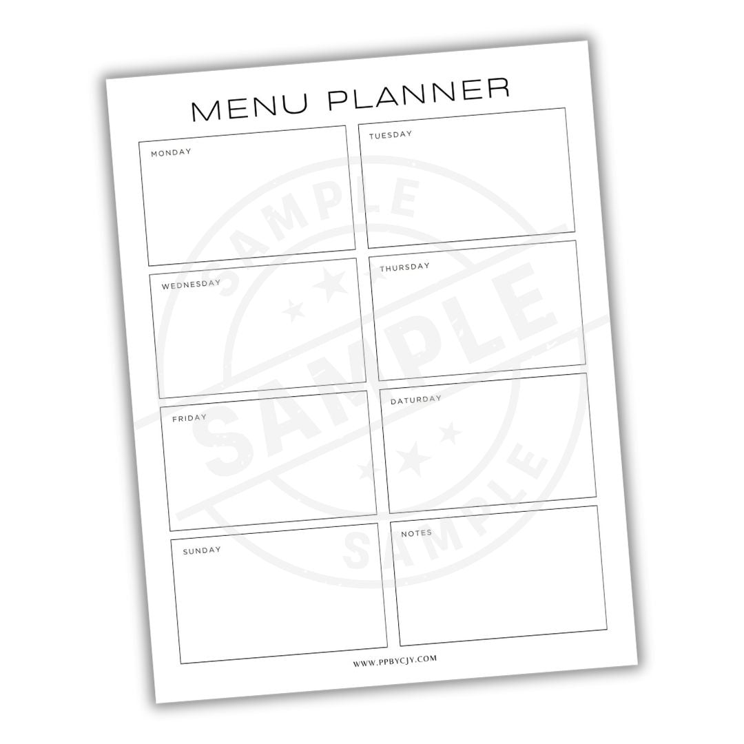 Menu planner sheet with days of the week on a white background