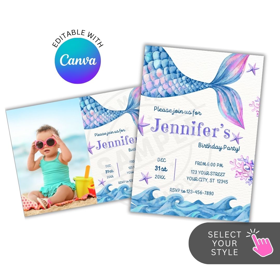Mermaid-themed birthday party invitation with Canva logo